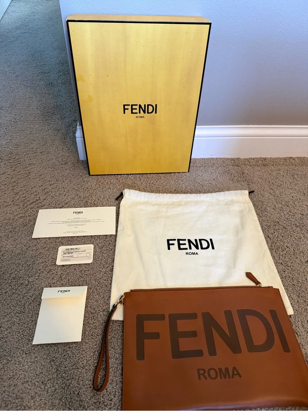 Fendi Leather Zip Pouch in Cognac Brown with Dark Logo